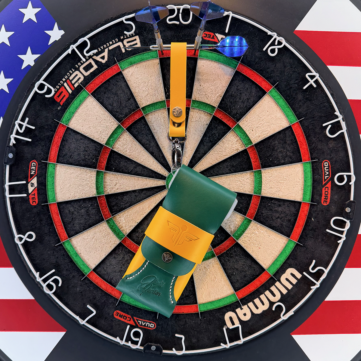 180 Dart Case - Green & Gold (Standard) w/matching lanyard -  Flight Faction Hand Made Leather Dart Case