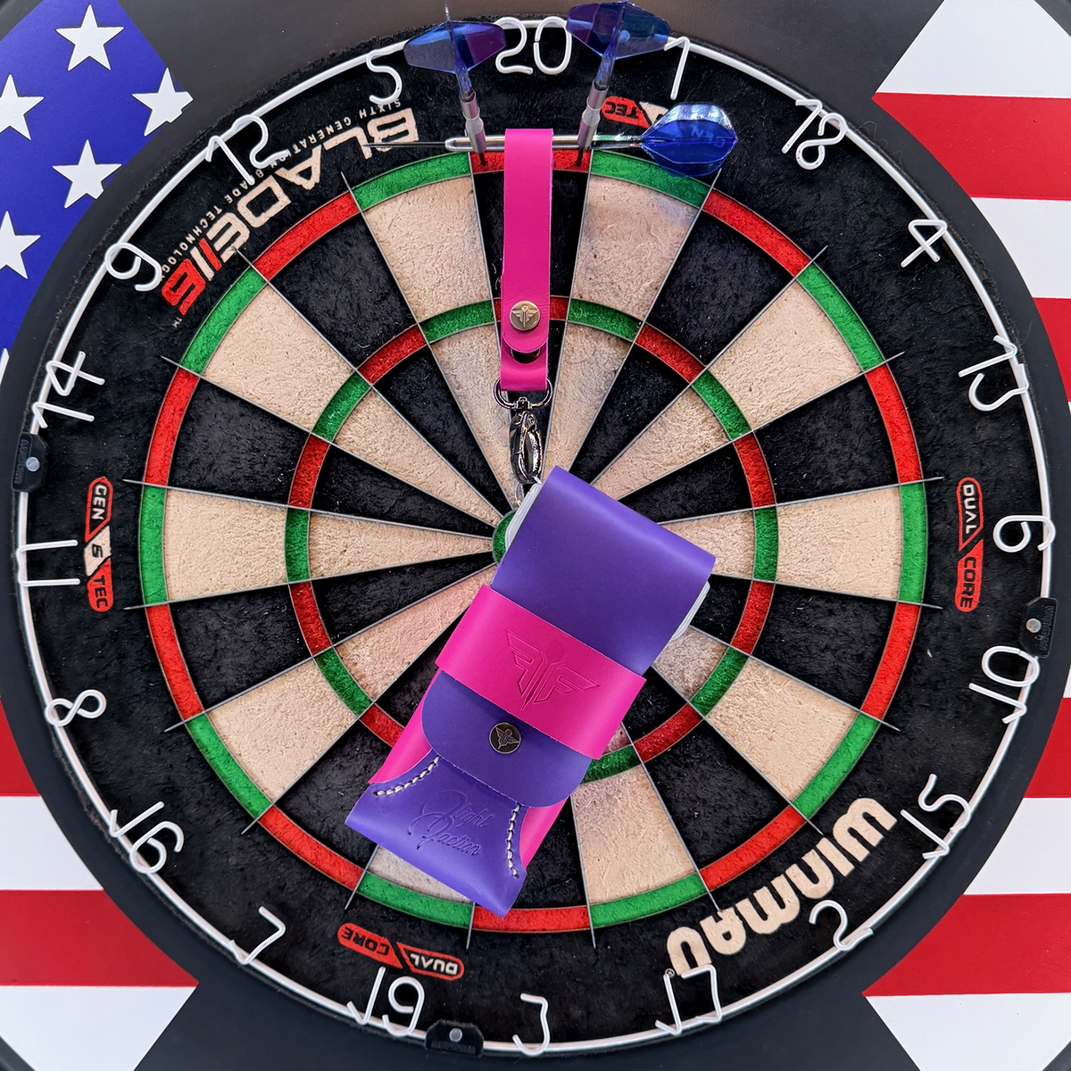 180 Dart Case - Purple & Pink (Standard) w/matching lanyard -  Flight Faction Hand Made Leather Dart Case