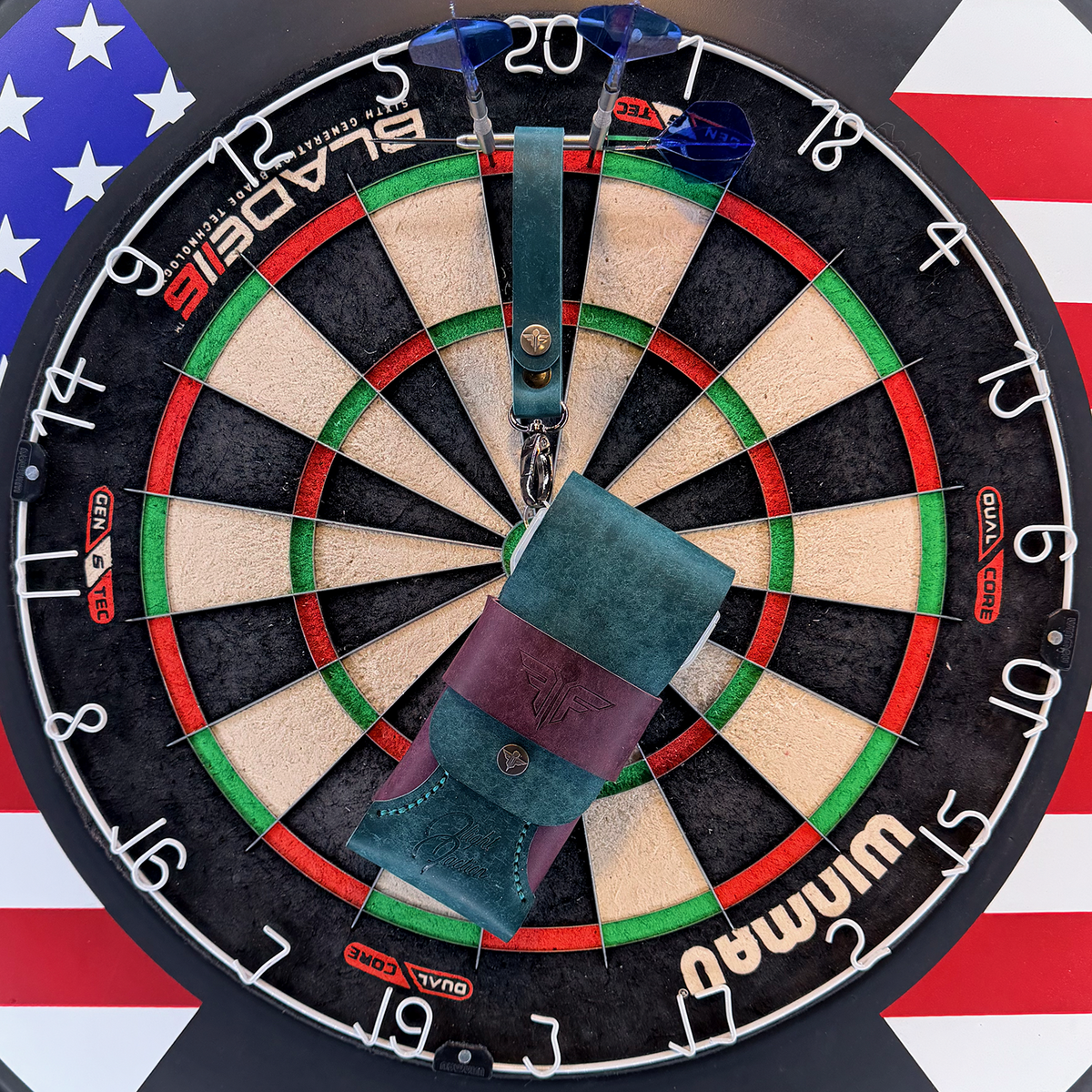 180 Dart Case - Teal & Purple (Standard) w/matching lanyard -  Flight Faction Hand Made Leather Dart Case